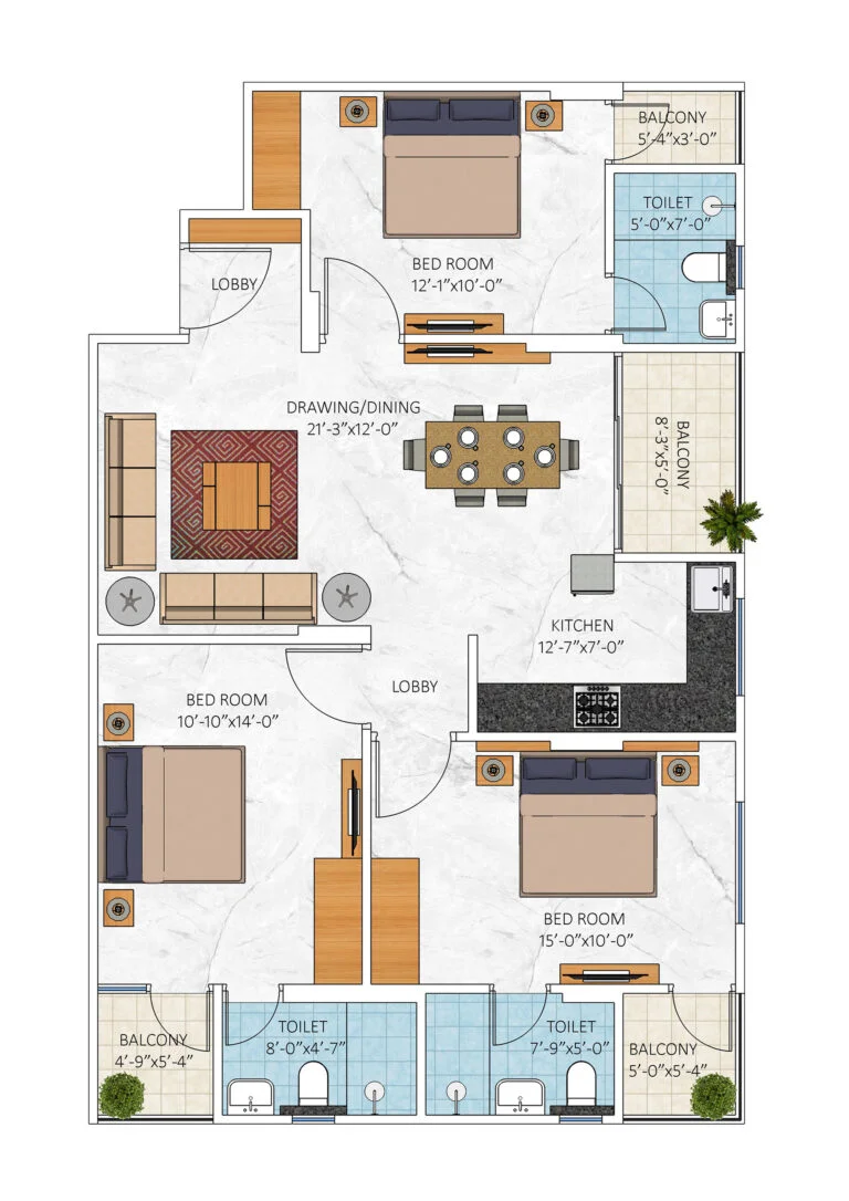 3bhk floor plan type 1