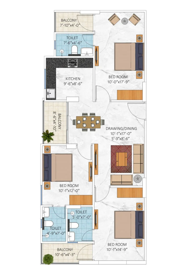 3bhk floor plan type 3
