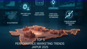 Jaipur map with 5 performance marketing trend icons.
