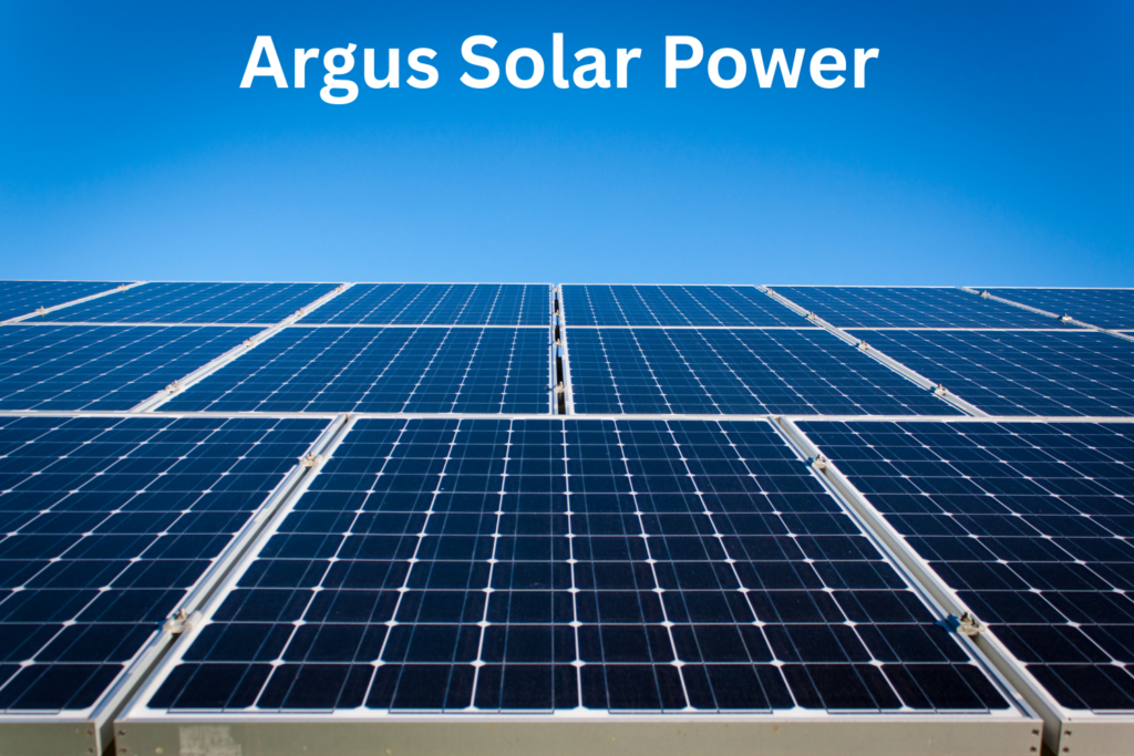 "The logo of Argus Solar Power, accompanied by images of their solar panel installations on rooftops.