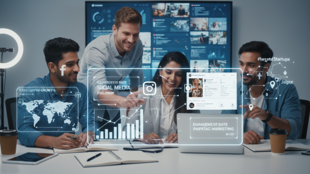 An illustration of a person managing various social media platforms on a large screen