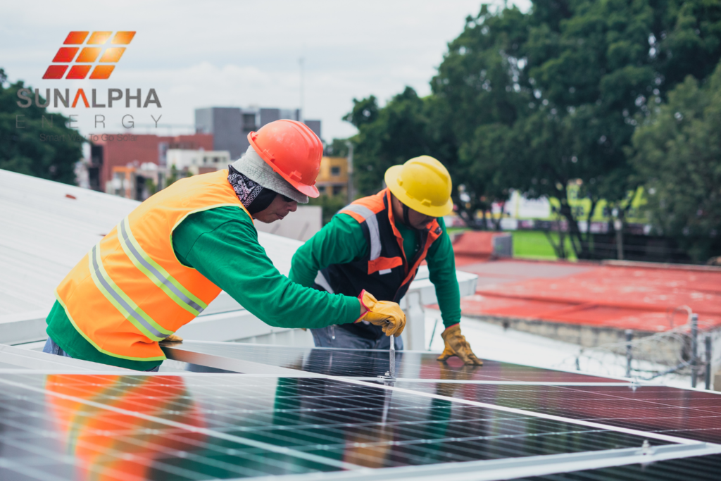 "The logo of SunAlpha Energy, likely featuring examples of their high-quality solar panel installations on residential or commercial buildings."