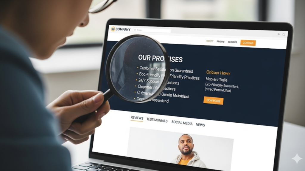 Person using a magnifying glass to check a company's website