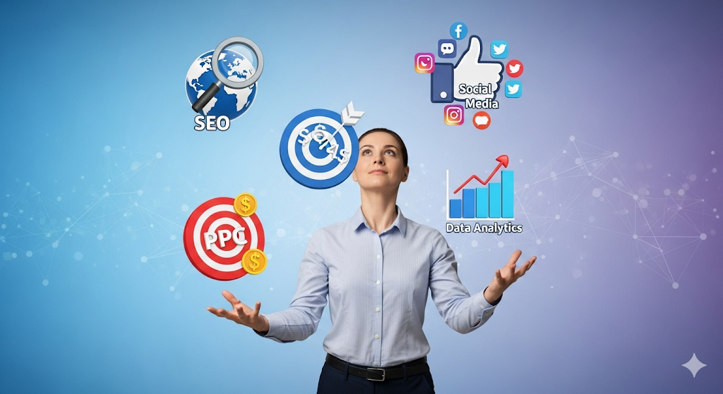 Person juggling icons for different digital marketing skills