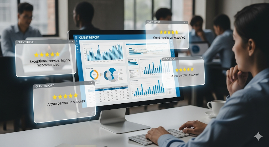 Person viewing a digital report with client testimonials and ratings