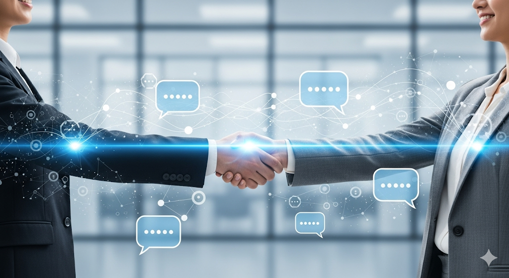 Handshake with a glowing line and floating speech bubbles, symbolizing communication