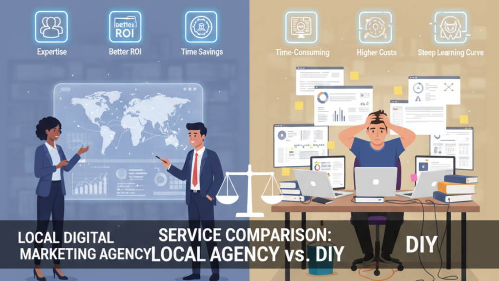An image comparing the services of a local agency versus a do-it-yourself (DIY) approach for a business