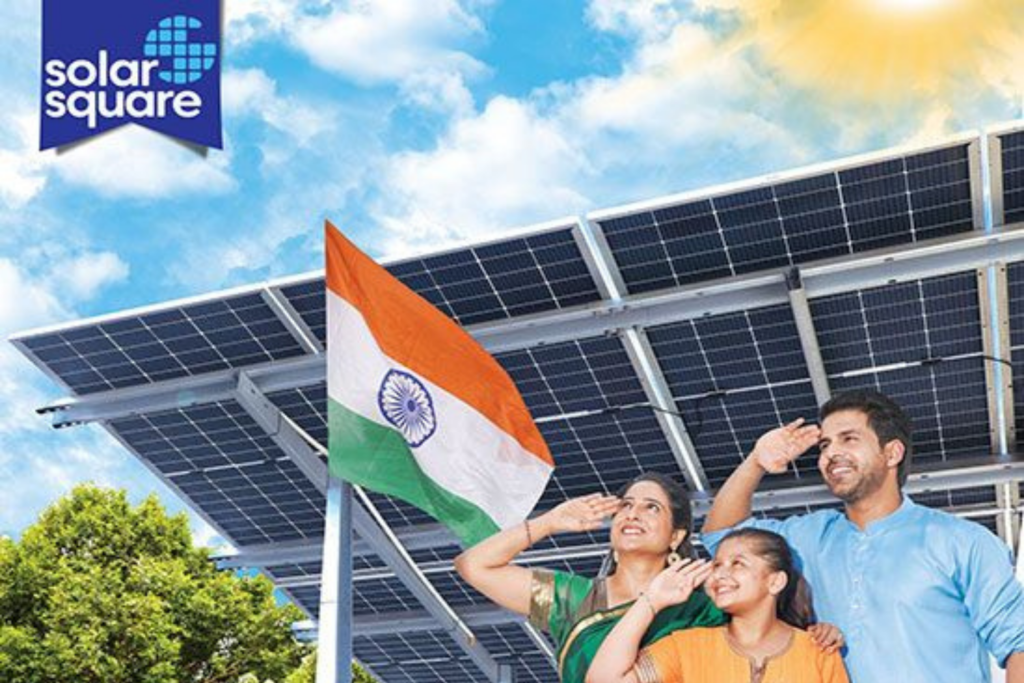 SolarSquare's logo and a photo of a solar panel installation on a rooftop.