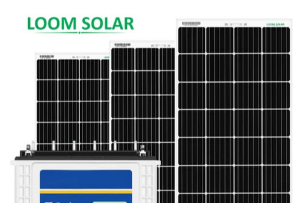 Loom Solar's logo along with a photo of their high-efficiency solar panels.